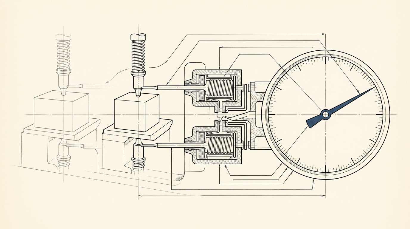 A sectioned cutaway drawing of a mechanical gauge-block comparator showing paired measuring styli, coil-and-spring amplification, and a dial needle mid-swing beside a reference block and a test block