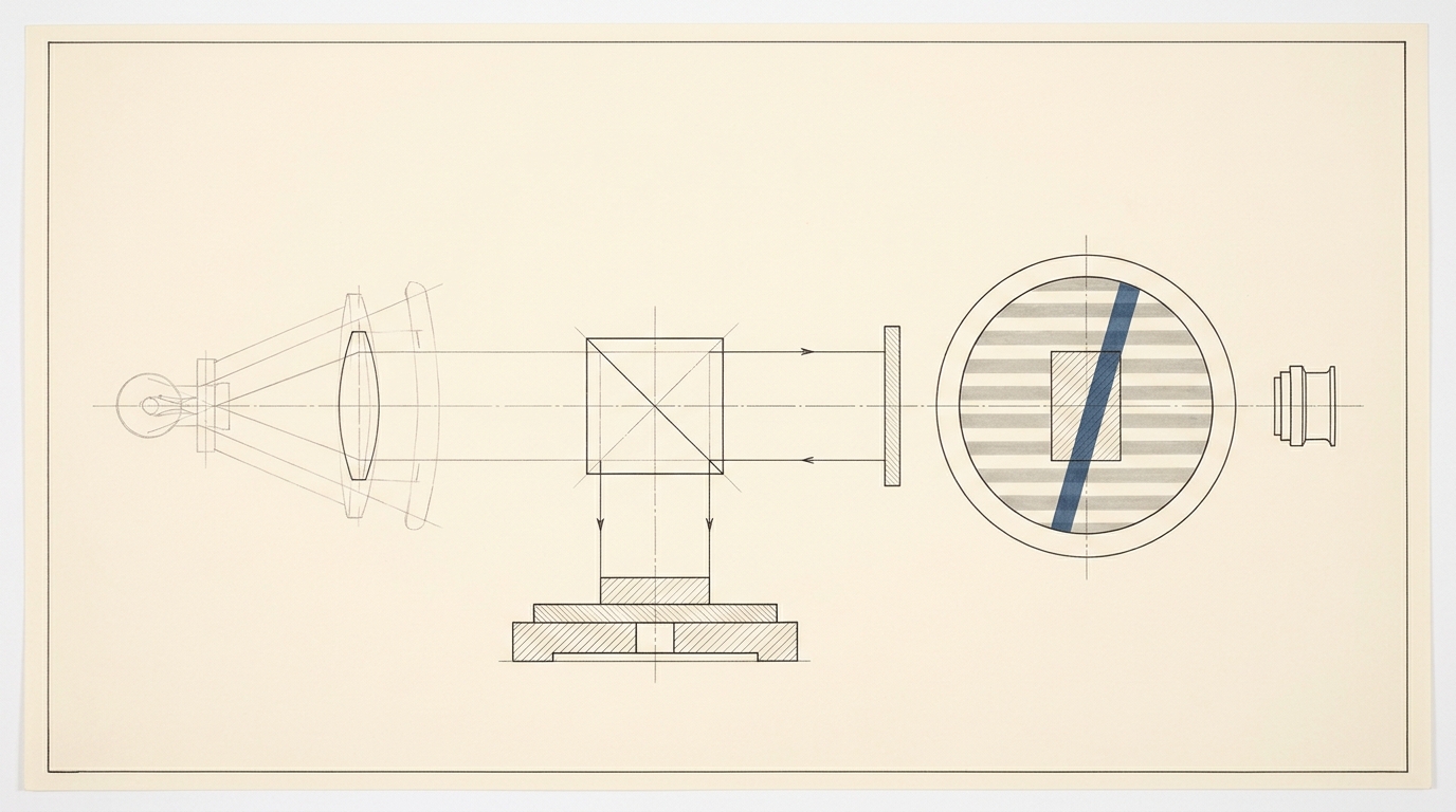 An orthographic section drawing of a Kösters-type interferometer with light source, beam splitter, reference and measurement arms, and a fringe-field roundel showing an offset between the gauge block's fringes and the platen's fringes