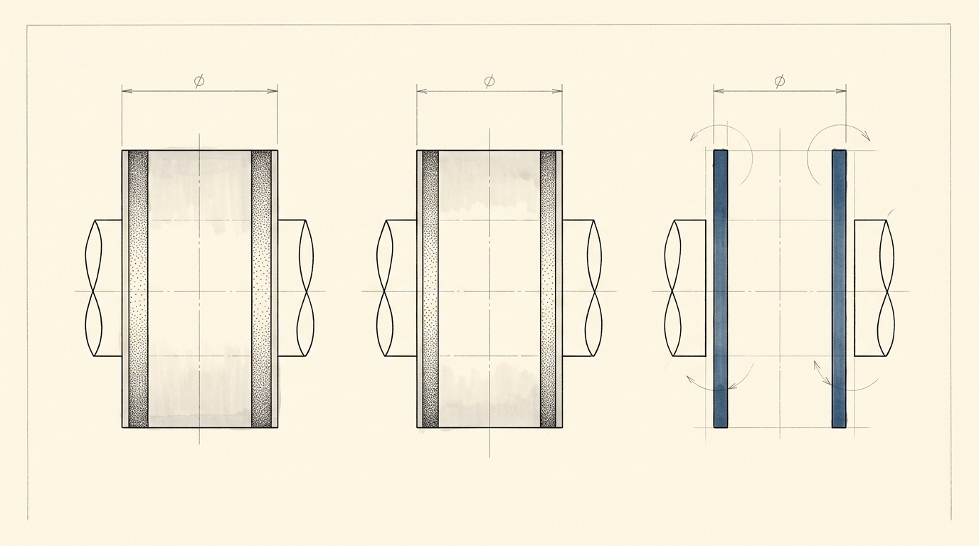 A comparative plate showing the same cylindrical shaft drawn three times to one scale with shrinking tolerance bands around the nominal outline, from a wide 1970s band to a narrow year-2000 band still under construction
