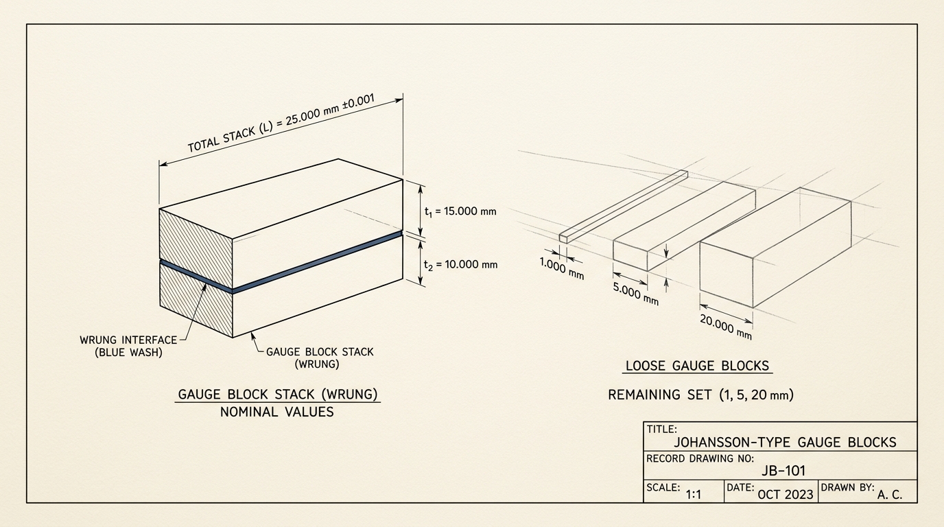 A measured drawing of rectangular gauge blocks to one scale, two of them shown wrung face to face into a single stack with their mating interface highlighted