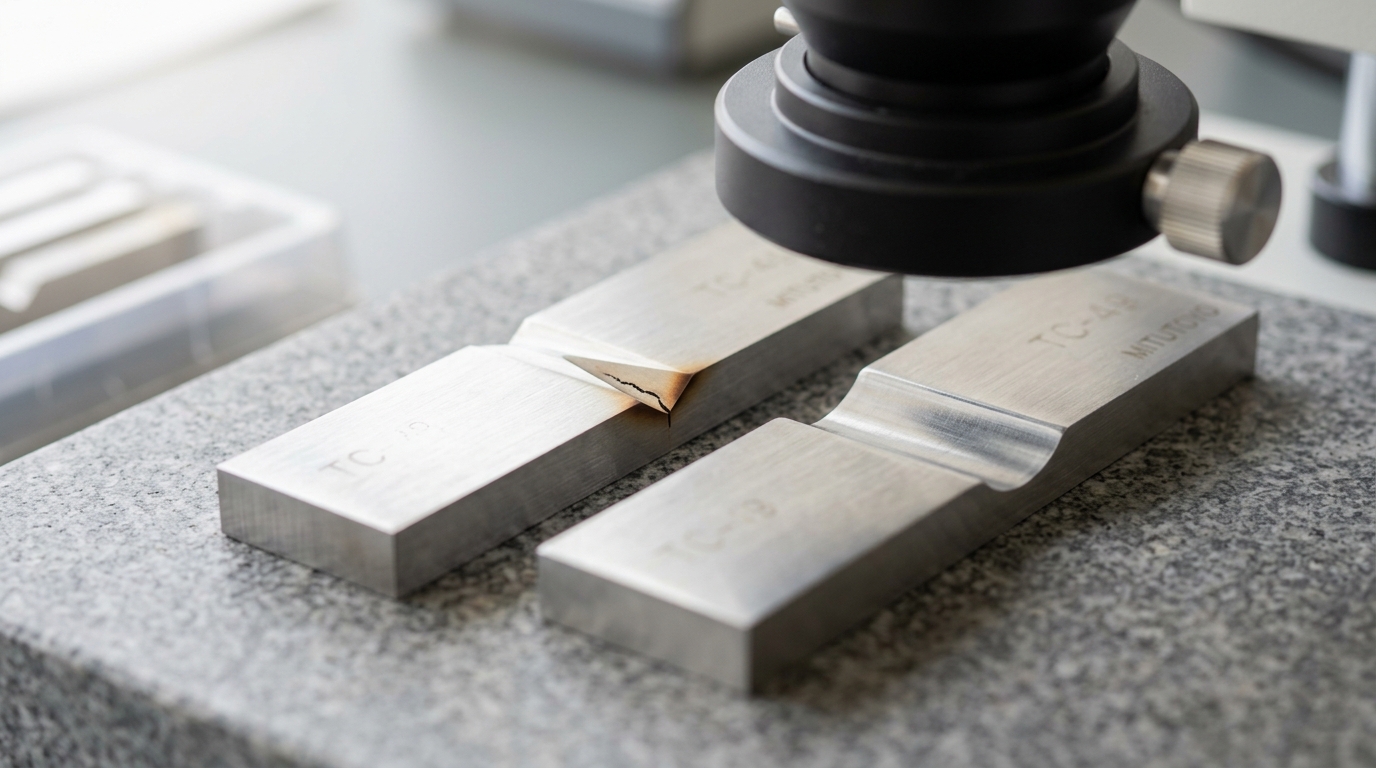 Two machined steel coupons side by side on a granite surface plate under a stereo inspection microscope, one with a broad radiused groove cut deep and one with a sharp V-notch shedding a hairline crack