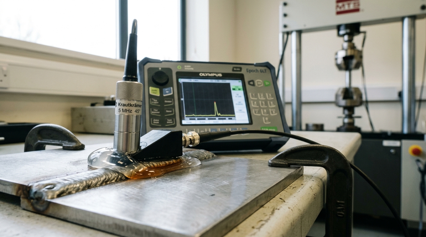An ultrasonic angle probe standing in a spreading bead of couplant on a welded steel plate, only half onto the weld cap, with one small indication rising out of the baseline on the flaw detector behind it