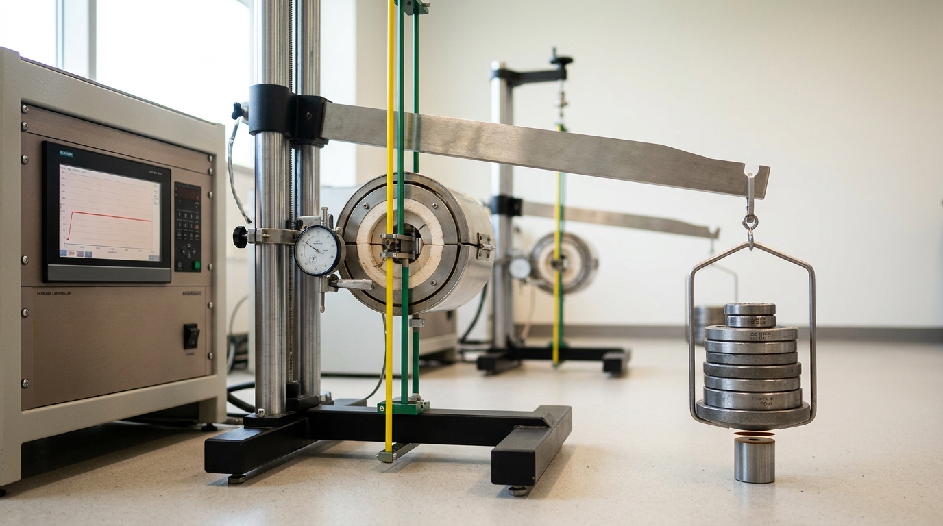 A lever-arm creep frame carrying a stack of dead weights, its beam just tipped past level as the heated specimen extends, with the safety spacer beneath the weight pan standing clear