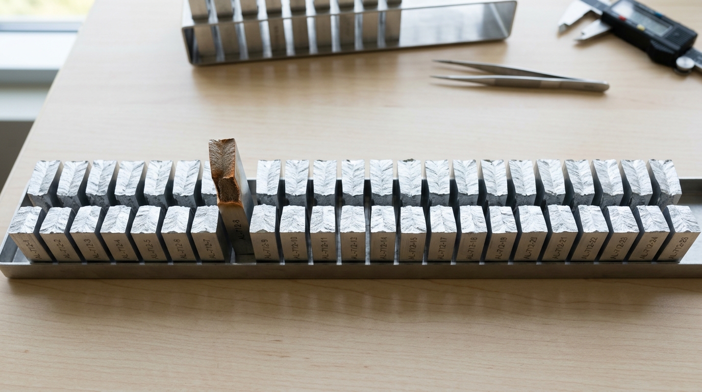 A long tray of broken test specimens laid side by side with their fracture faces upward, one tipped onto its edge to show a coarse flaw at the origin of its fracture while the rest look alike