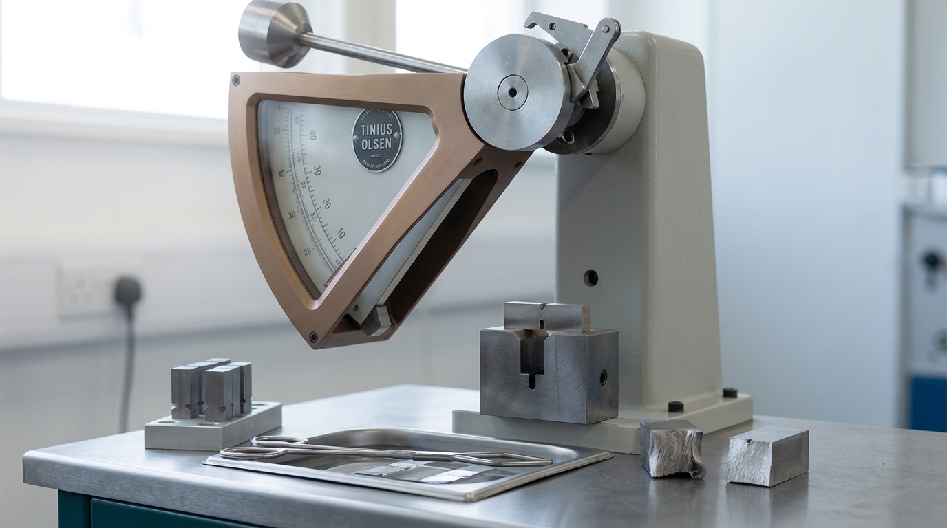 A Charpy impact tester with its pendulum raised and latched, a notched bar just seated across the anvils by the centring gauge, and two already-tested halves below with unlike fracture faces