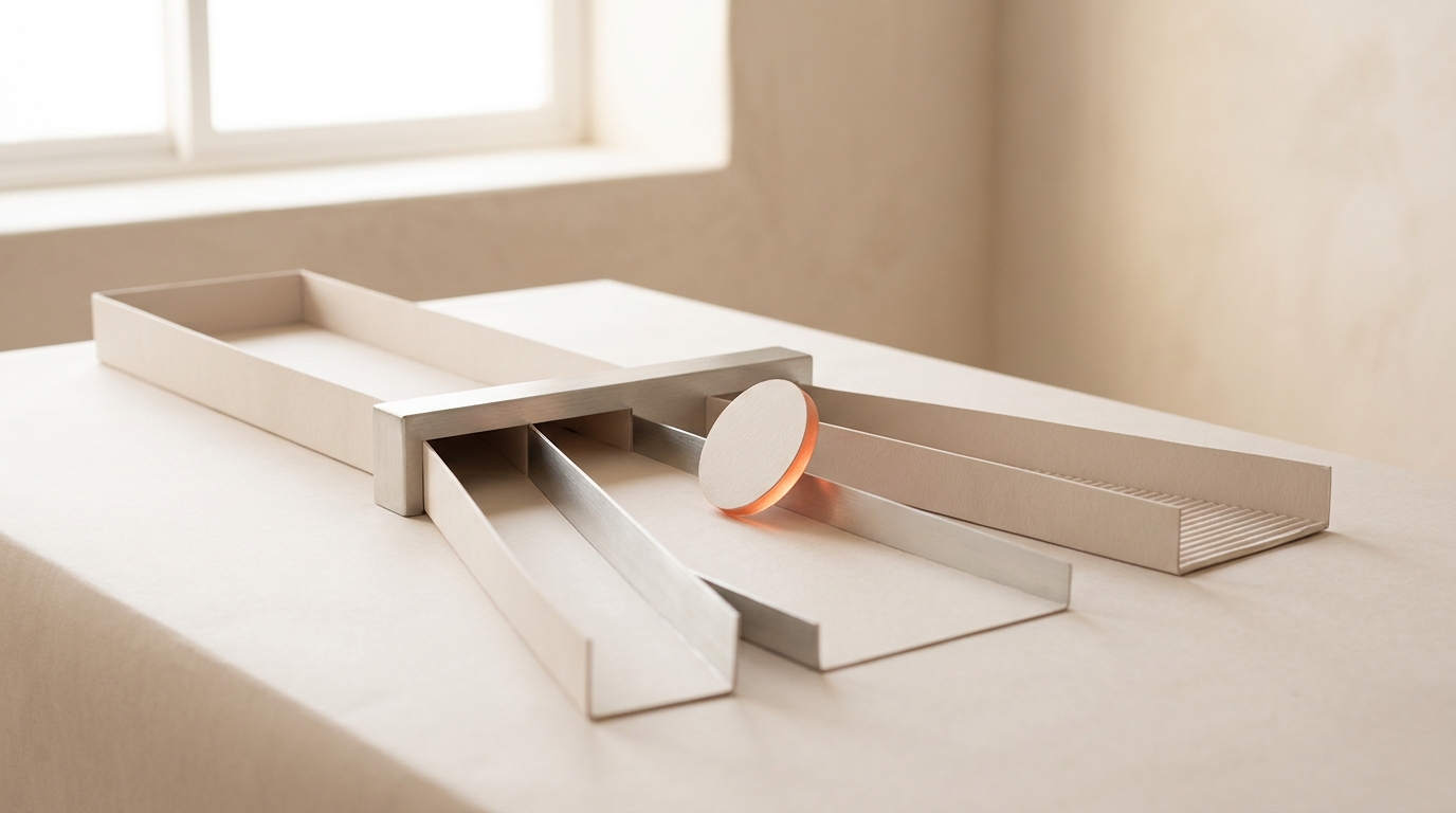 A row of identically shaped test blocks in visibly different colours and surface finishes on a matte lab table, with a compliant silicone gripper pad flattened against the nearest one as it starts to slip
