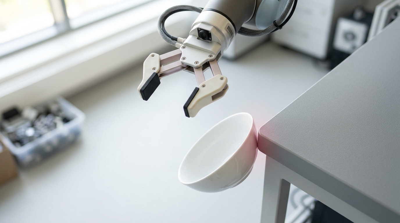 A thin-walled ceramic bowl caught exactly at the tipping point on the edge of a lab table, one rim still in contact with the surface, the robot gripper's jaws already opened past it