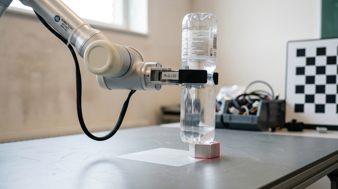 A robot arm holding a composed grasp on a tall bottle, with a small machined support block wedged under the bottle taking its weight and the block's foot caught just as it begins to slide on the matte table