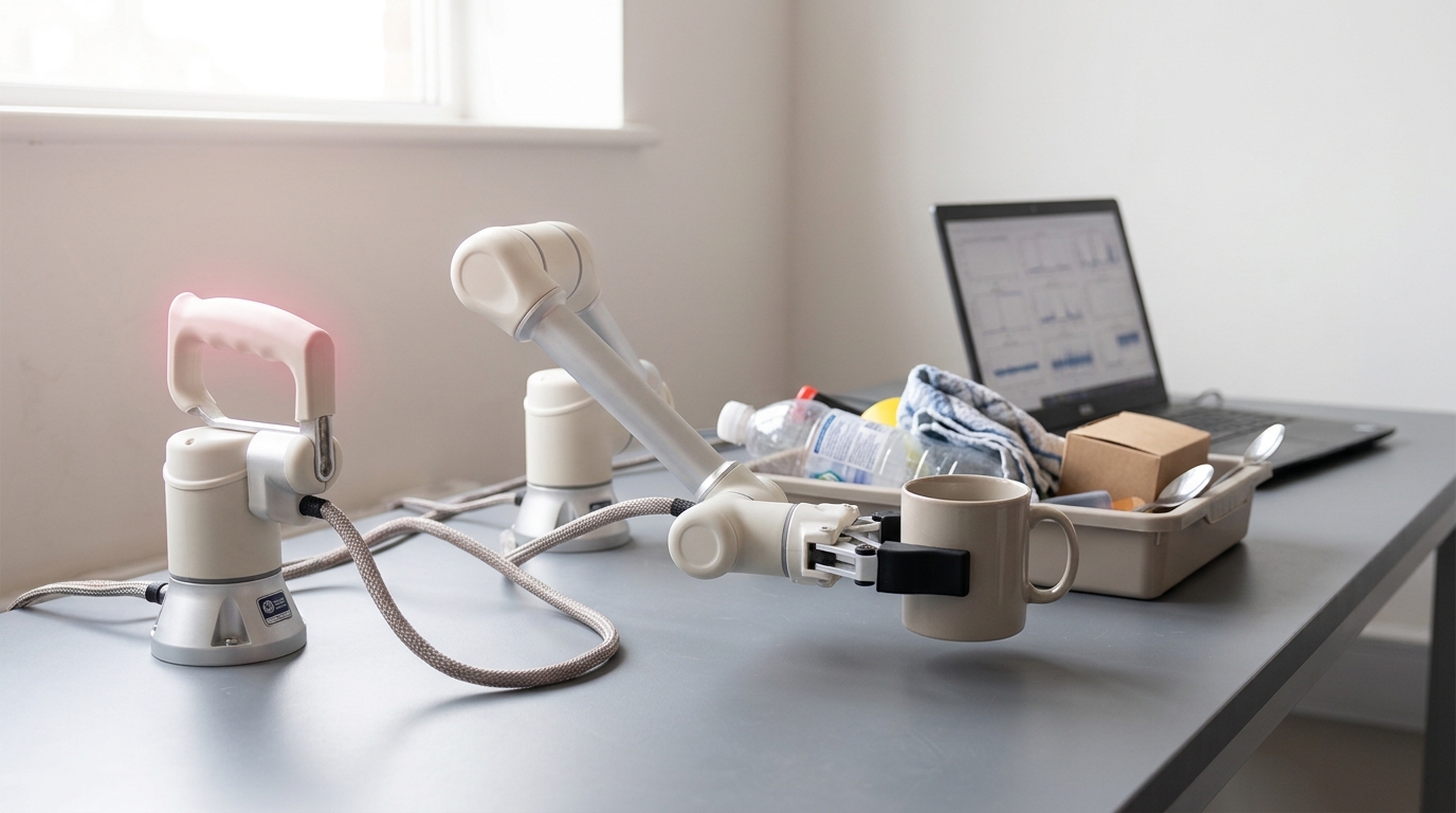 A teleoperation leader arm on a lab bench mid-demonstration, its follower arm's gripper part-closed on one object taken from a full bin, with a recording laptop and a rack of unused objects waiting further along