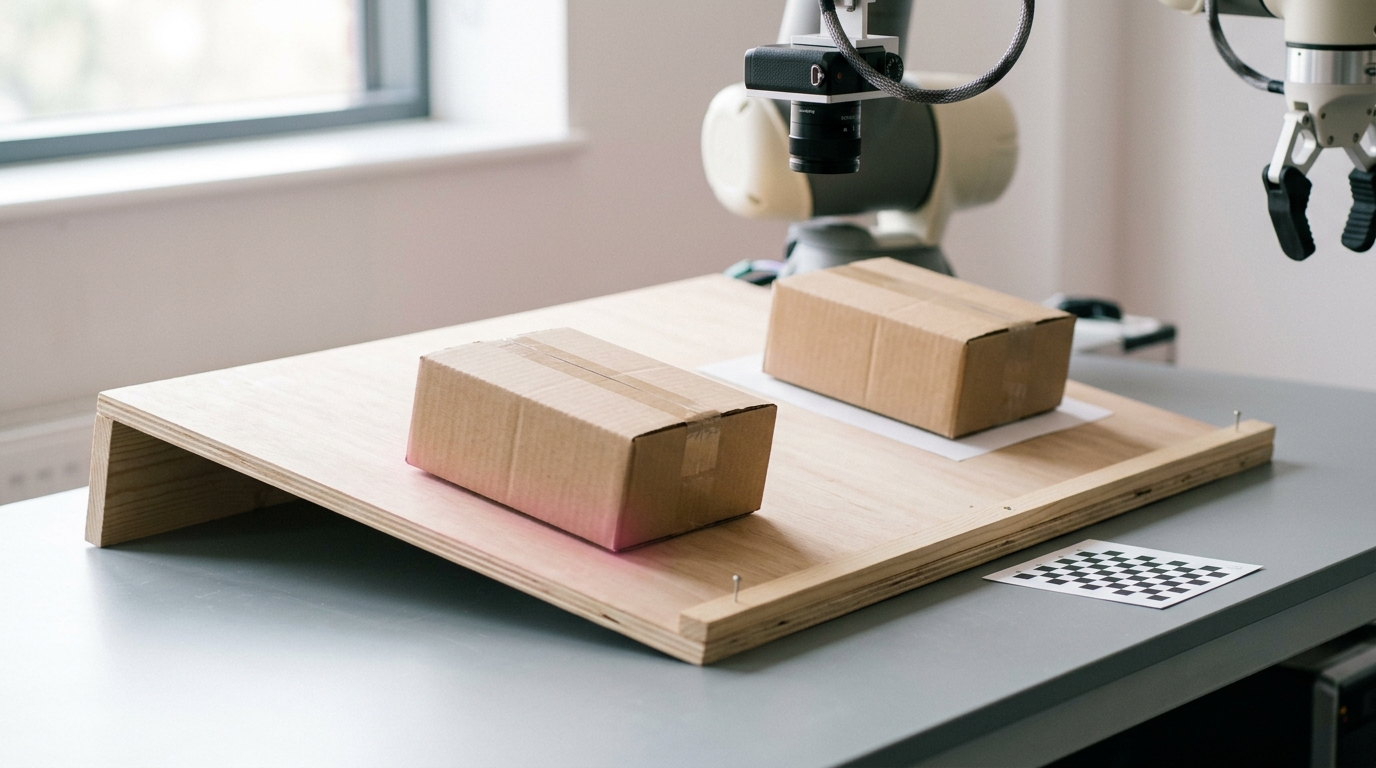 Two visually identical sealed cardboard boxes on a gently tilted board on a lab table, one caught a short way into a slide and the other still exactly where it was set, a wrist camera looking down on both