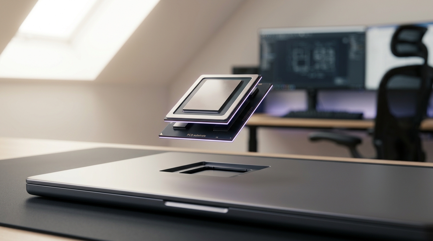 A stack of other companies' chip-design folders on a bright desk, a simple acceptance stamp caught mid-descent onto the top folder, marking it as a customer's design rather than a competitor's product