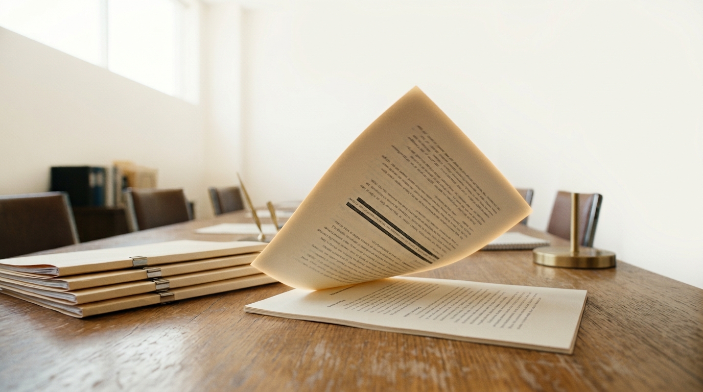 A plain 1987-style business plan document open on a bright table, a page caught mid-turn revealing a line stating the company will design no chips of its own, a stack of other companies' folders waiting nearby