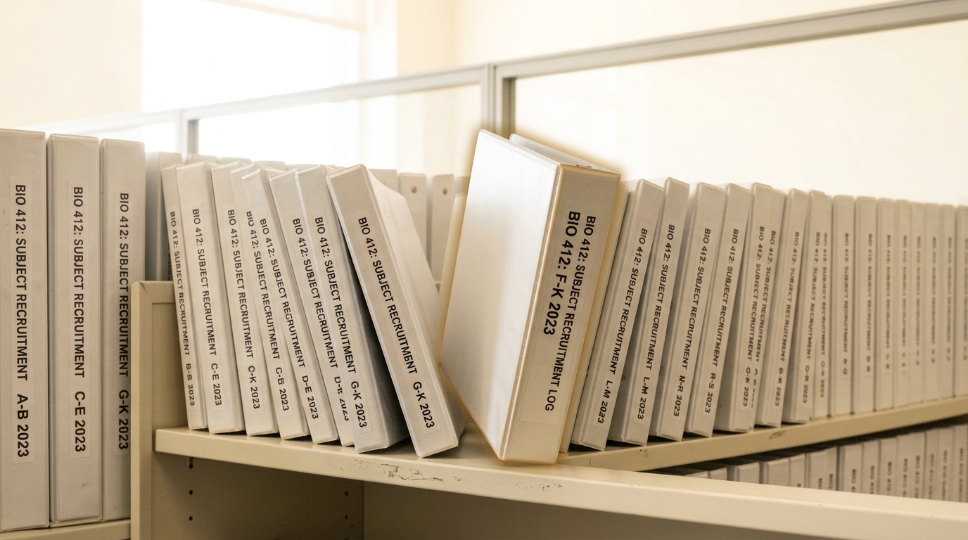 A shelf of ring-bound subject-recruitment binders in a laboratory office, most spines labeled with the same university course code, one binder pulled part-way out mid-slide