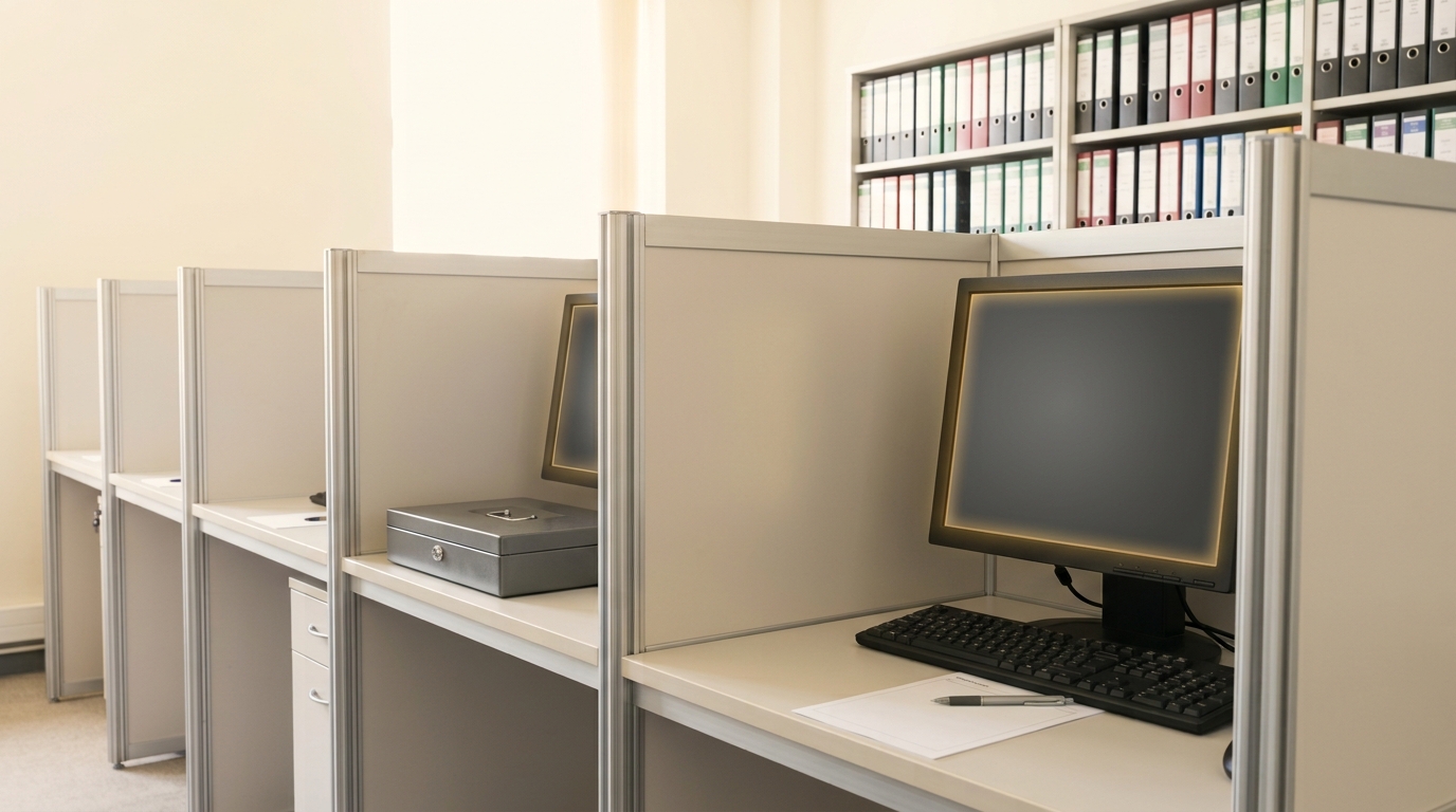 A row of partitioned behavioral-economics decision terminals down a bright laboratory, the nearest screen still brightening from standby beside a locked steel cash tray, protocol binders on shelving in the background