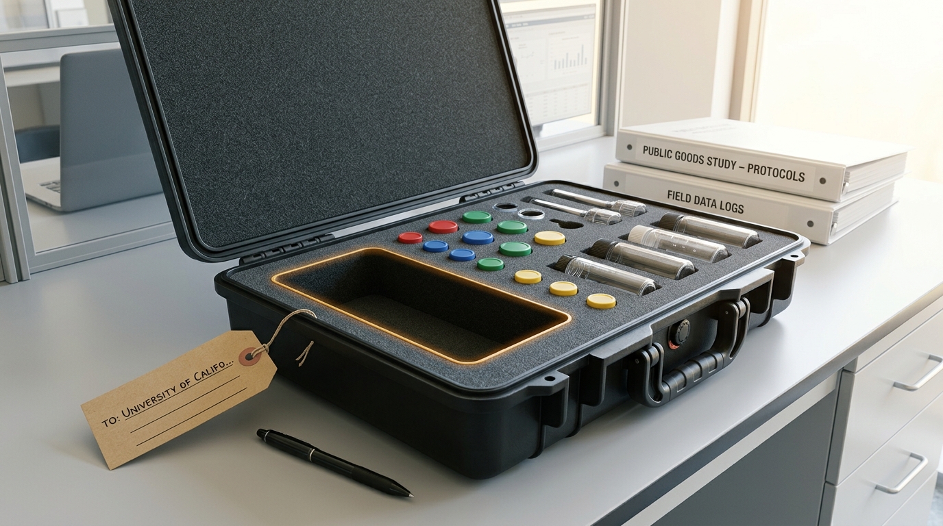 A public-goods field-replication case lying open on a lab bench, foam-cut compartments holding stacked plastic tokens and small measuring containers, one compartment still empty beside a shipping tag partly filled out