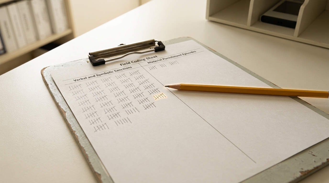A field-coding sheet clipped to a board on a laboratory desk, its column for material punishment episodes almost entirely blank against a densely marked column beside it for verbal sanctions, a pencil resting at the last blank row