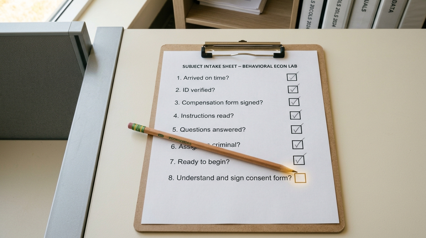 A clipboard on a laboratory desk holding a subject-intake sheet with a column of checkboxes for confirming that a pair of subjects share no household or kinship, a pencil resting across the sheet with the final box not yet marked