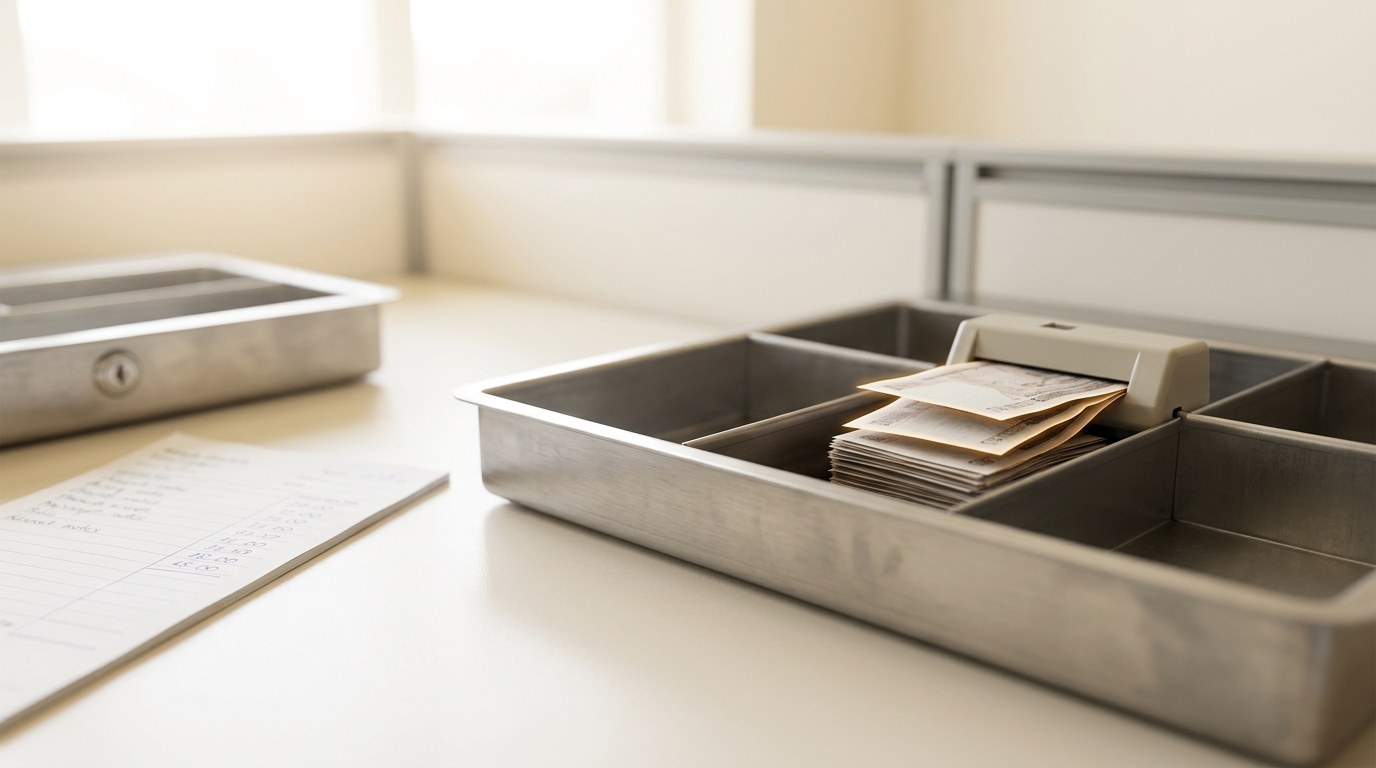A steel payoff cash tray divided into compartments on a laboratory desk, a small note-counter clipped to its rim, three payment notes just ejected from it overlapping a visibly thinned stack beneath