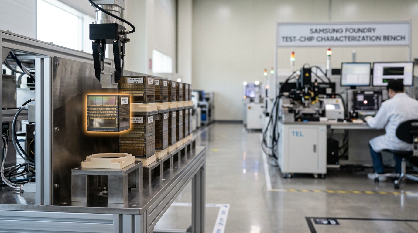 A memory fab floor with one production line splitting into two paths, one leading toward tall HBM stacks and the other toward flat ordinary DRAM chips, a single wafer caught at the fork